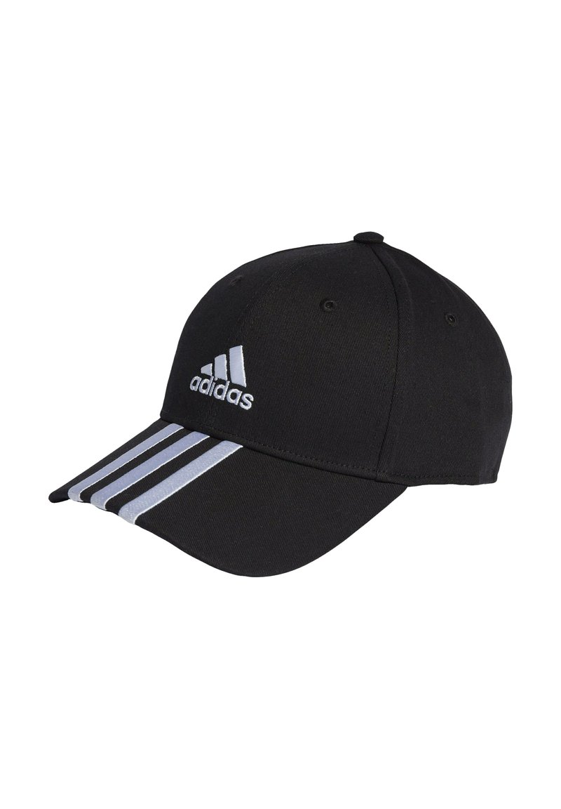 Black cotton baseball cap with a curved brim, featuring three white stripes on the front and an embroidered logo on the side.