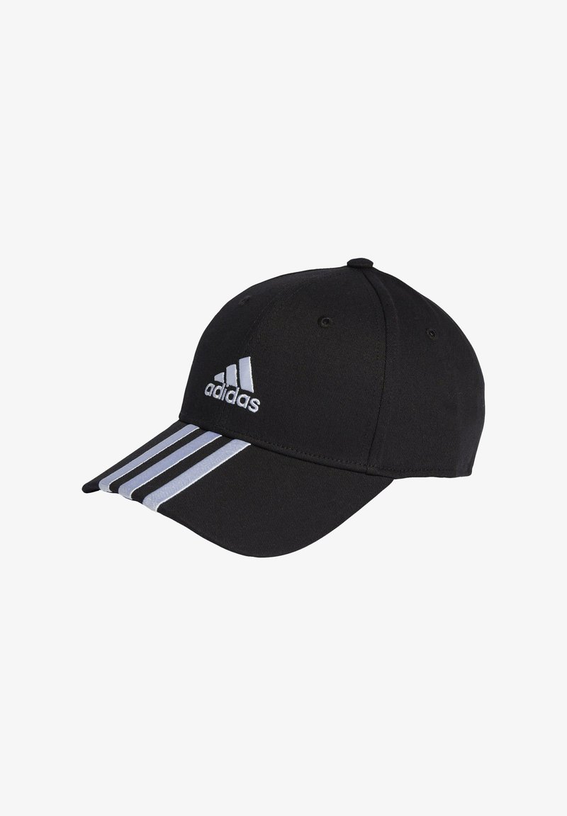 Casquette de baseball en coton noir avec une visière courbée, présentant trois bandes blanches sur le devant et un logo brodé sur le côté.