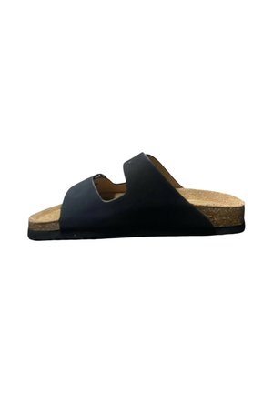 Sandalo nero open-toe con suola spessa in sughero e ampia fascia con due sezioni ritagliate sulla parte superiore.