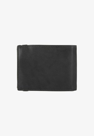 Cartera de cuero negro con una textura suave, forma rectangular y bordes cosidos. Presenta un compartimento con cremallera a lo largo de un lado.