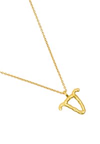Złoty naszyjnik z wisiorkiem w teksturowym, falowanym wzorze w kształcie litery V, zawieszony na cienkim, złotym łańcuszku. Posiada gładkie, wypolerowane akcenty.