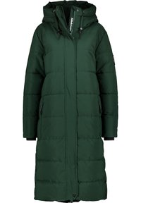 Abrigo largo acolchado verde con capucha, cierre de cremallera, dos bolsillos laterales y puños negros contrastantes. Material liso y resistente al agua.