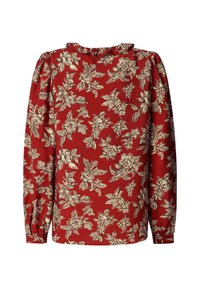 Blouse rouge à fleurs avec des manches longues, un col à volants et des motifs de fleurs blanches. Tissu doux avec un corsage ajusté et des manches froncées.