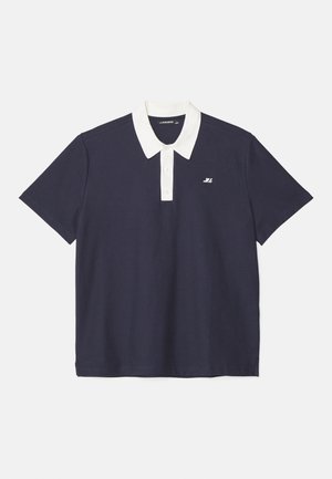 Navy polo shirt with a white collar, featuring a three-button placket and a small logo on the left chest. Made from textured cotton blend.