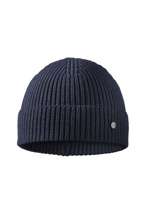 Navy blue knitted beanie hat with a ribbed texture and a folded cuff. Features a small silver logo accent on the side.