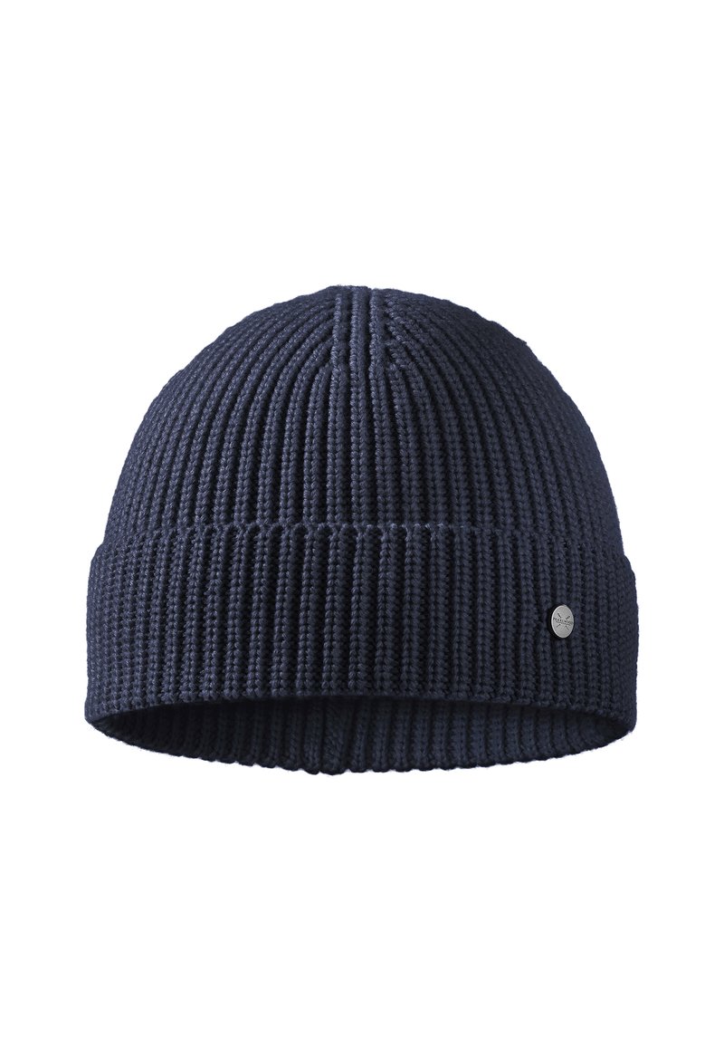 Tamsiai mėlynas megztas beanie tipo skrybėlė su reljefiniu tekstūru ir sulenkta kraštine. Iš šono išryškėja mažas sidabrinis logotipo akcentas.