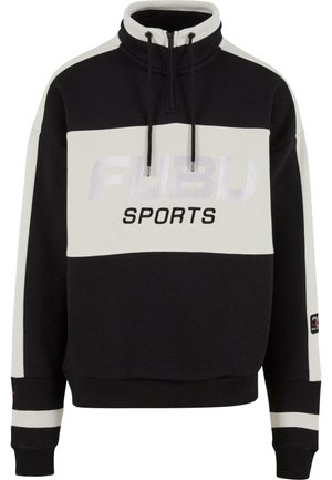 Tricou din polar în culori alb-negru, cu guler înalt, închidere cu fermoar, logo "FUBU SPORTS" și manșoane cu dungi contrastante.
