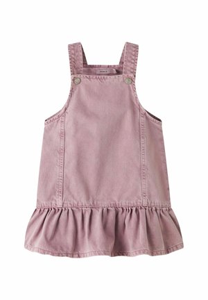 Robe salopette en jean rose clair pour tout-petits avec bretelles à boutons et ourlet à volants froncés.