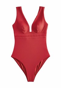 Rode geribbelde éénstuk zwempak met een diepe V-hals en brede straps. Heeft een textuur en een hoge uitsnijding bij het been. Gladde stof.