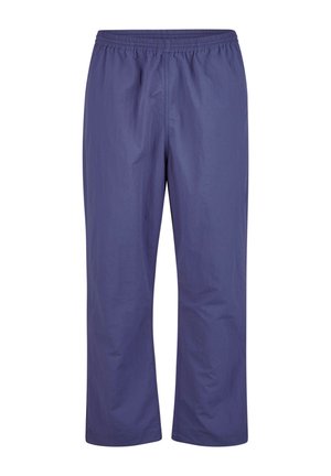 Purple, lightweight fabric pants with an elastic waistband, featuring a straight cut and smooth texture. No pockets or distinctive hardware.