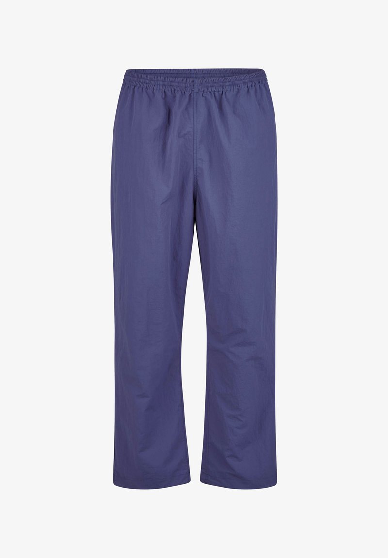 Purple, lightweight fabric pants with an elastic waistband, featuring a straight cut and smooth texture. No pockets or distinctive hardware.