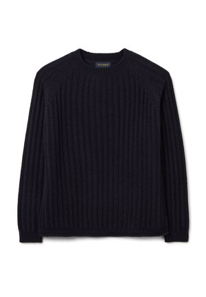 Maglione blu navy lavorato a maglia con trama a coste, scollo rotondo e maniche lunghe. Presenta cuciture sottili lungo l'orlo e i bordi dei polsini.