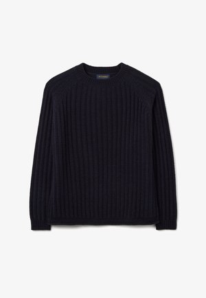 Suéter de punto azul marino con textura acanalada, cuello redondo y mangas largas. Presenta costuras sutiles a lo largo del borde inferior y los puños.