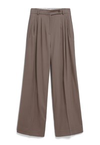 Weite Stoffhosen in einem sanften Braunton, ausgestattet mit vorderen Falten, einem Knopfverschluss und seitlichen Taschen aus einem glatten Stoff.