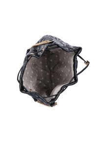 Sac à main matelassé noir avec une chaîne dorée. L'intérieur présente un revêtement beige clair avec un motif répétitif de petits symboles.