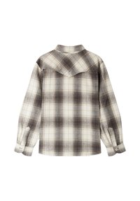 Camicia a maniche lunghe con bottone, in fantasia a quadri marrone, grigia e crema, che mostra il retro con yoke appuntito e polsini abbottonati.
