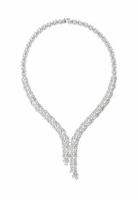 Rhinestone necklace featuring a Y-shaped design, silver-tone metal, with alternating round and teardrop-shaped accents. Complex, gleaming surface.