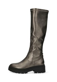 Botte grise métallique montée jusqu'au genou avec une finition lisse, un bout rond et une épaisse semelle noire dotée de rainures de traction et d'une fermeture éclair latérale partielle.