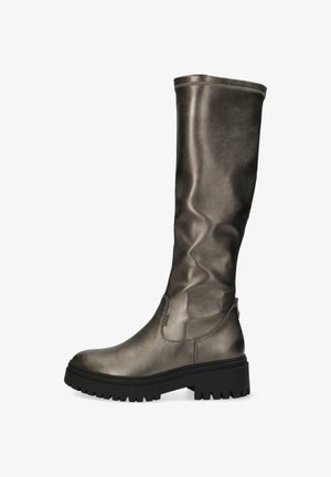 Metallisch grauer kniehoher Stiefel mit glatter Oberfläche, runder Zehenform und dicker schwarzer Sohle, die über Rillengriff verfügt und einen teilweise seitlichen Reißverschluss hat.