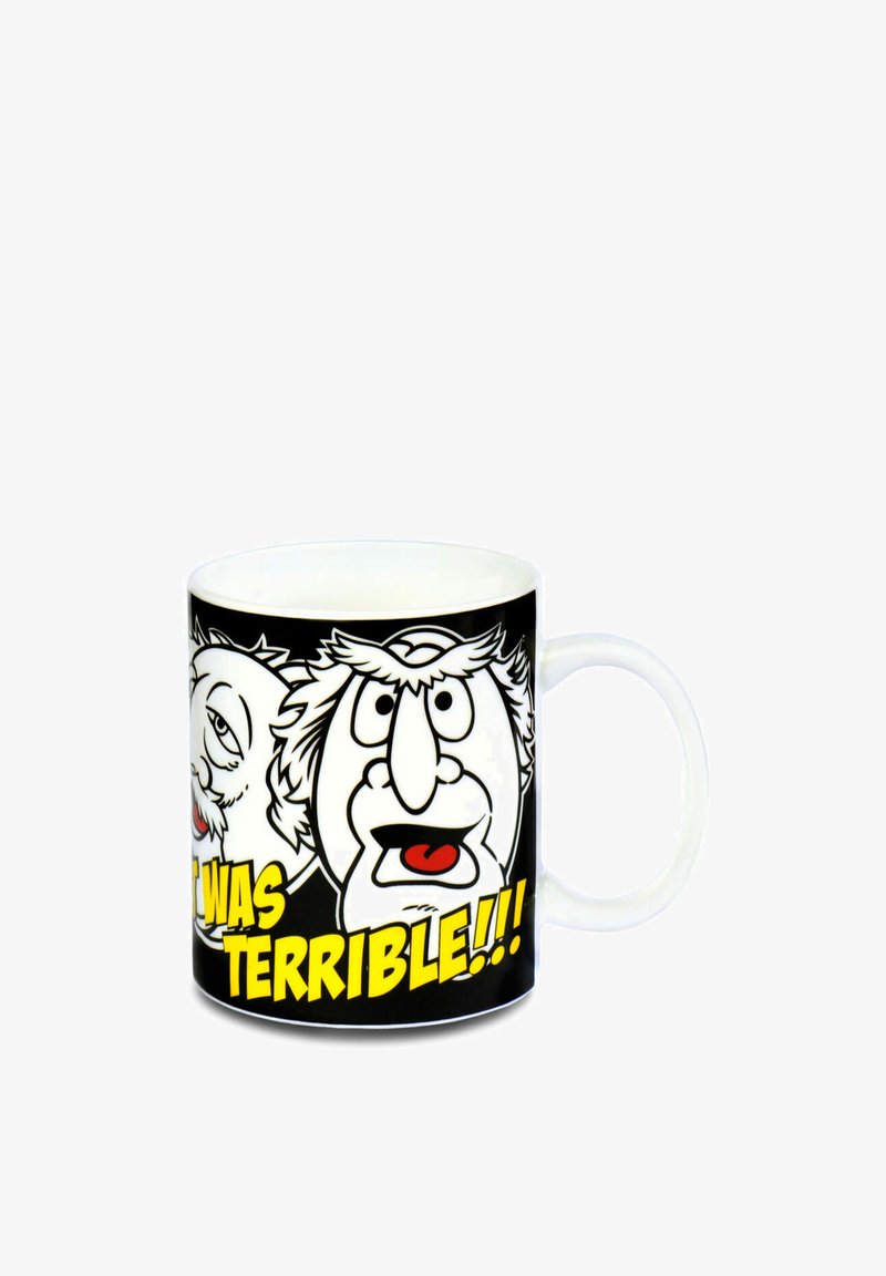 Ceramic mug with a white interior and black exterior featuring cartoon faces, bold "IT WAS TERRIBLE!!!" text, and vivid colors.