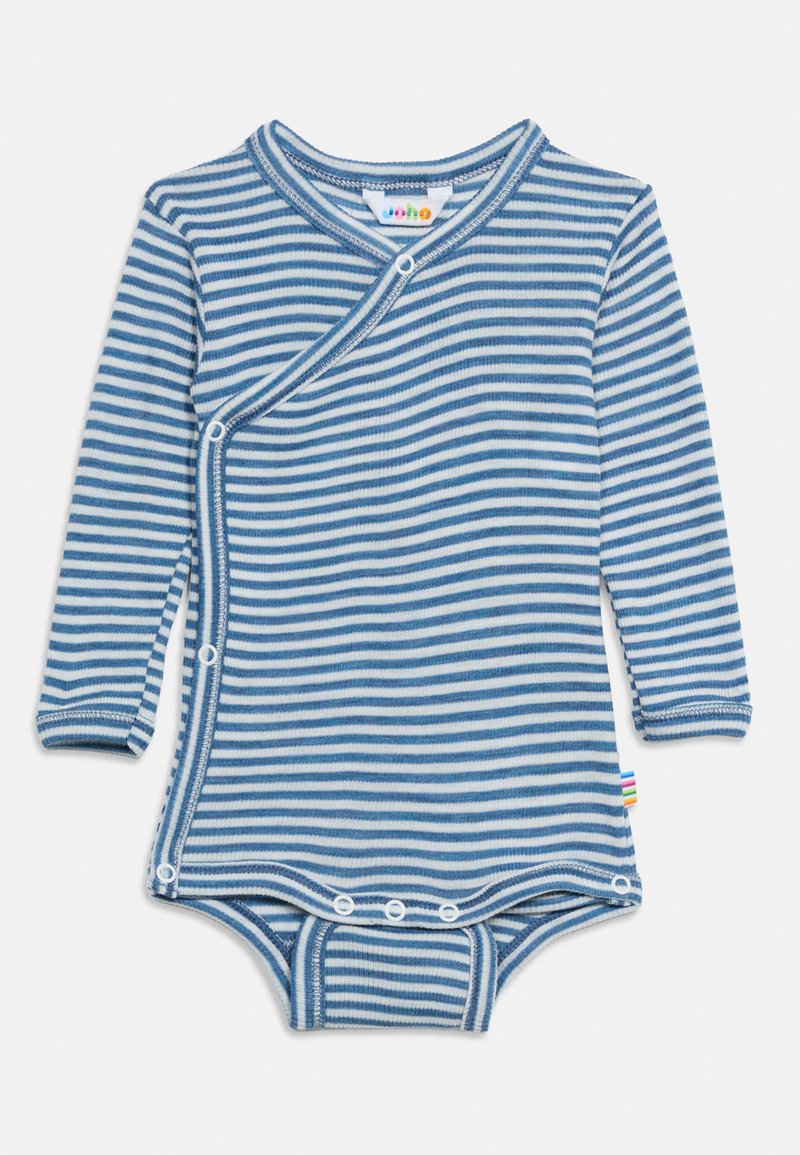 Μπλε και λευκό ριγέ φορμάκι μωρού με μακριά μανίκια και κουμπιά στο μπροστινό μέρος και στη βουβωνική χώρα για εύκολο ντύσιμο.