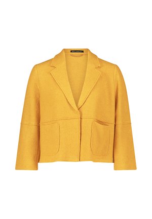 Gelbe, cropped Blazer aus strukturiertem Stoff, mit Reverskragen, zwei vorderen Taschen und offenem Design. Weich und leicht.
