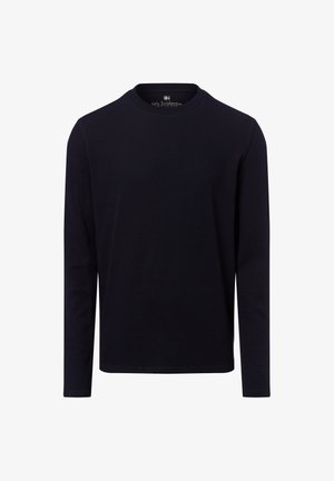 Long-sleeve crewneck top in dark navy, made of textured fabric. Features a ribbed neckline and a straight hem for a classic fit.