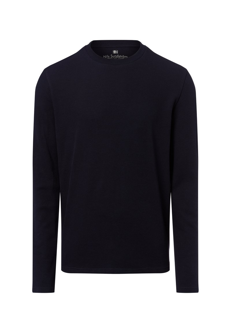 Langärmliges Crewneck-Oberteil in Dunkelblau, aus strukturiertem Stoff. Verfügt über einen gerippten Halsausschnitt und einen geraden Saum für eine klassische Passform.
