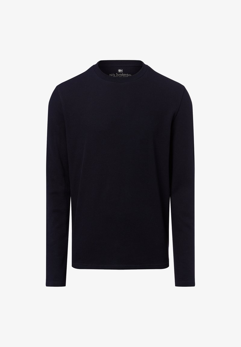 Langärmliges Crewneck-Oberteil in Dunkelblau, aus strukturiertem Stoff. Verfügt über einen gerippten Halsausschnitt und einen geraden Saum für eine klassische Passform.