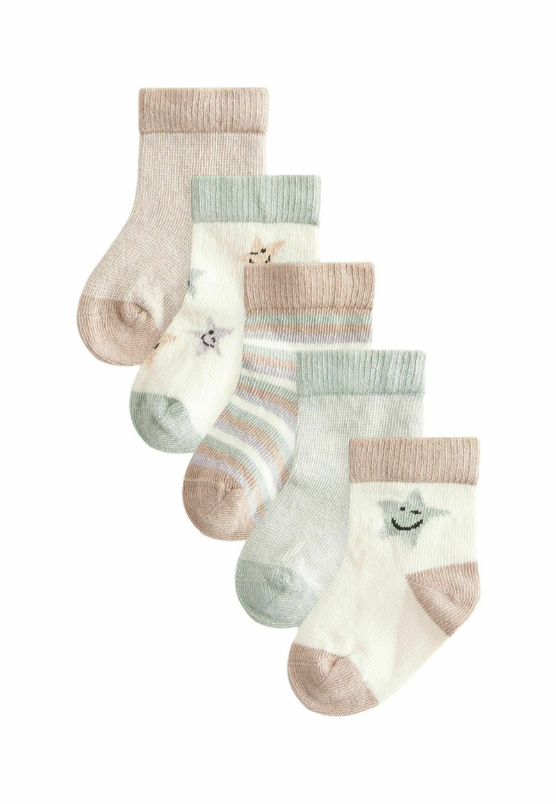 Sæt med fem babytæer i pastelfarver. Inkluderer ensfarvede, stribede og mønstrede designs med ribbede kanter og glade motiver. Materiale i bomuldsblanding.