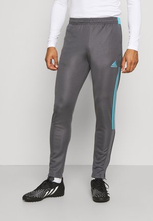 Mand iført grå Adidas træningsbukser med blå striber og sorte sportssko, stående imod en ensfarvet lys baggrund.