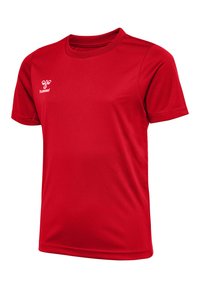 Rotes Sport-T-Shirt mit kurzen Ärmeln und rundem Ausschnitt, kleines weißes Hummel-Logo auf der linken Brust, auf weißem Hintergrund dargestellt.