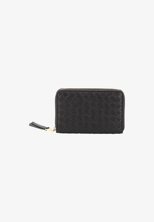 Black woven leather wallet with a zip closure, featuring a gold zipper pull and a flat wrist strap, rectangular shape, and textured surface.
