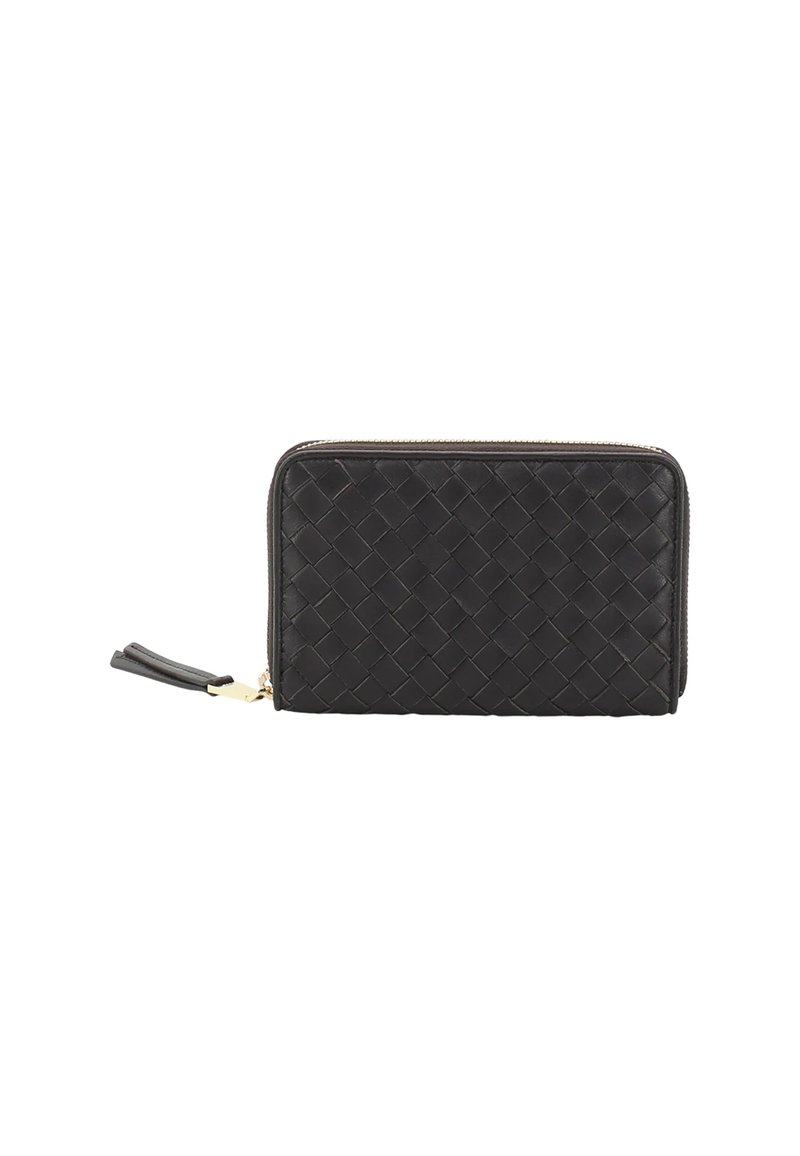 Black woven leather wallet with a zip closure, featuring a gold zipper pull and a flat wrist strap, rectangular shape, and textured surface.