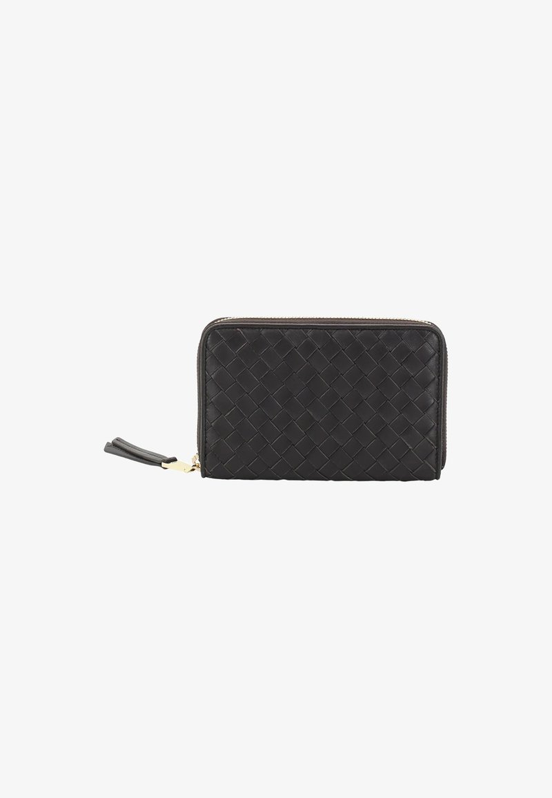 Black woven leather wallet with a zip closure, featuring a gold zipper pull and a flat wrist strap, rectangular shape, and textured surface.