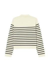 Pull court en crème avec des rayures noires horizontales. Il a un col rond et des manches longues. Texture en maille lisse.