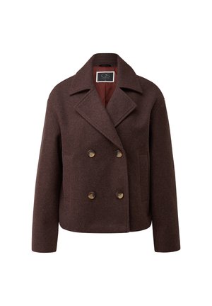 Bruine wollen blend dubbelzijdige jas met een gegroefde kraag, twee voorzakken en bronzen knopen. Gevoerde binnenkant in een contrasterende kleur.