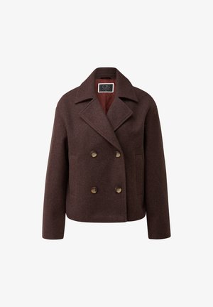 Brūns vilnas maisījuma divrindīgs žakets ar šķērsgriezuma apkakli, divām priekšējām kabatām un bronzas pogām. Iekšpusē ir oderējums kontrastējošā krāsā.