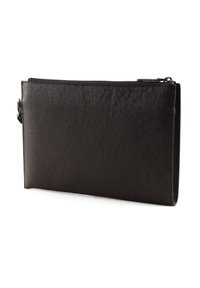 Zwarte leren ritsportemonnee, met een gladde textuur, slank rechthoekig ontwerp, voorzien van een discrete rits en minimalistisch ontwerp.