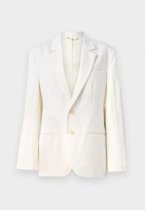 Weißer Blazer aus strukturiertem Stoff, einreihig mit zwei Knöpfen, mit spitzem Revers und einer Brusttasche. Gefüttert mit goldfarbener Hardware.