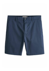 Shorts décontractés pour hommes bleu marine avec bouton à l'avant, fermeture éclair, passants de ceinture et poches latérales sur fond blanc.
