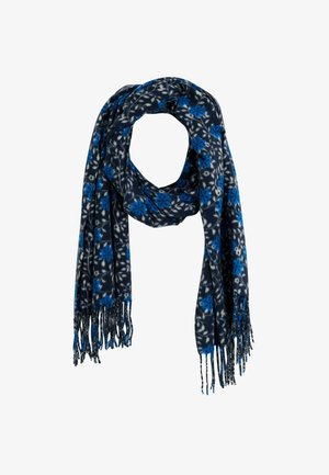 Écharpe marine avec des motifs floraux bleu et blanc, confectionnée dans un matériau doux, dotée de bords frangés pour une texture supplémentaire.