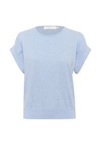 Top scurt, de culoare albastru deschis, confecționat dintr-un material moale, având un guler rotund și o croială lejeră. Design simplu, cu o margine ribborată.