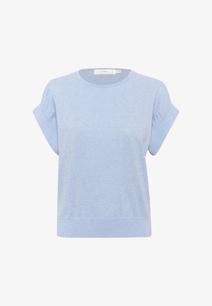 Šviesiai mėlynas trumpas rankovės viršus, pagamintas iš minkštos medžiagos, su apvaliu kaklu ir laisvu siluetu. Paprastas dizainas su raštuotu apačiu.