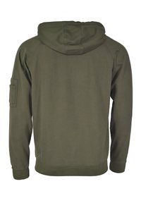 Olijfgroene hoodie met een voorzak (kangaroo pocket), een verstelbare capuchon en geribbelde manchetten. Bevat een linkermouwzak met een klep. Soepele textuur.