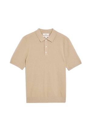 Polo shirt beige lavorato a maglia con maniche corte, colletto classico e patta con tre bottoni. Presenta un tessuto testurizzato.