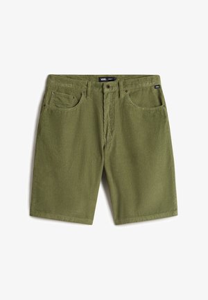 Olivgrüne Cordshorts mit klassischem Design, ausgestattet mit zwei Vordertaschen und subtiler vertikaler Rippstruktur.