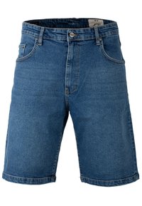Shorts en jean bleu moyen, avec une fermeture à bouton, cinq poches et un ourlet cousu, fabriqués à partir d'un mélange de coton texturé.