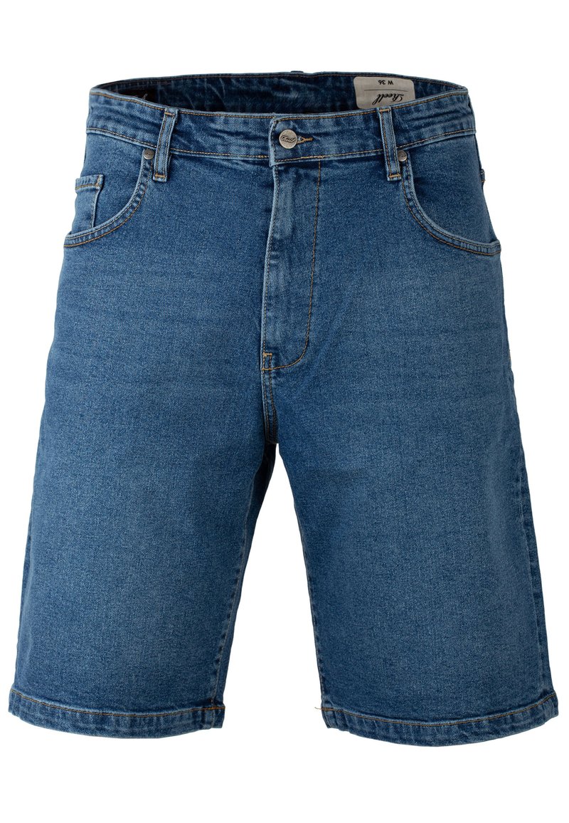 Shorts en jean bleu moyen, avec une fermeture à bouton, cinq poches et un ourlet cousu, fabriqués à partir d'un mélange de coton texturé.