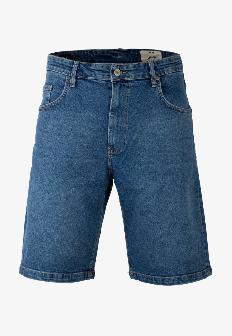 Shorts en jean bleu moyen, avec une fermeture à bouton, cinq poches et un ourlet cousu, fabriqués à partir d'un mélange de coton texturé.